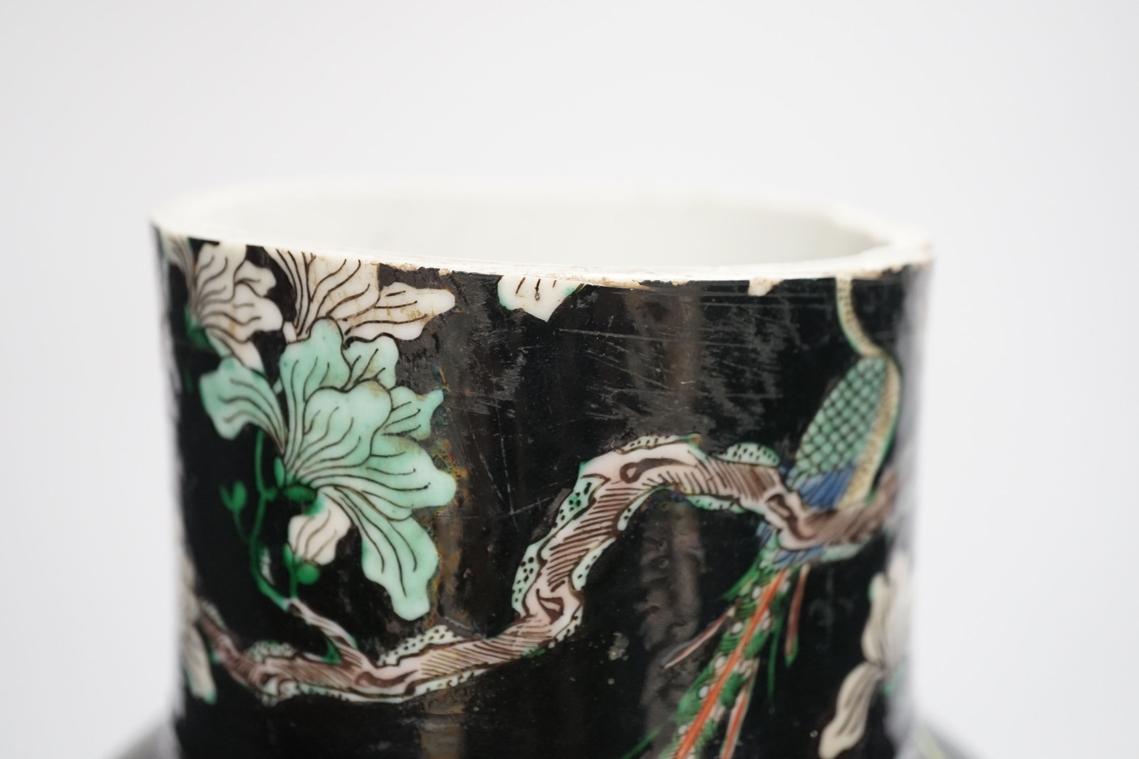 Three Chinese vases, 19th/early 20th century, including a cut down famille noire vase, crackleglaze and blue and white vases, tallest 34cm. Condition - fair to poor